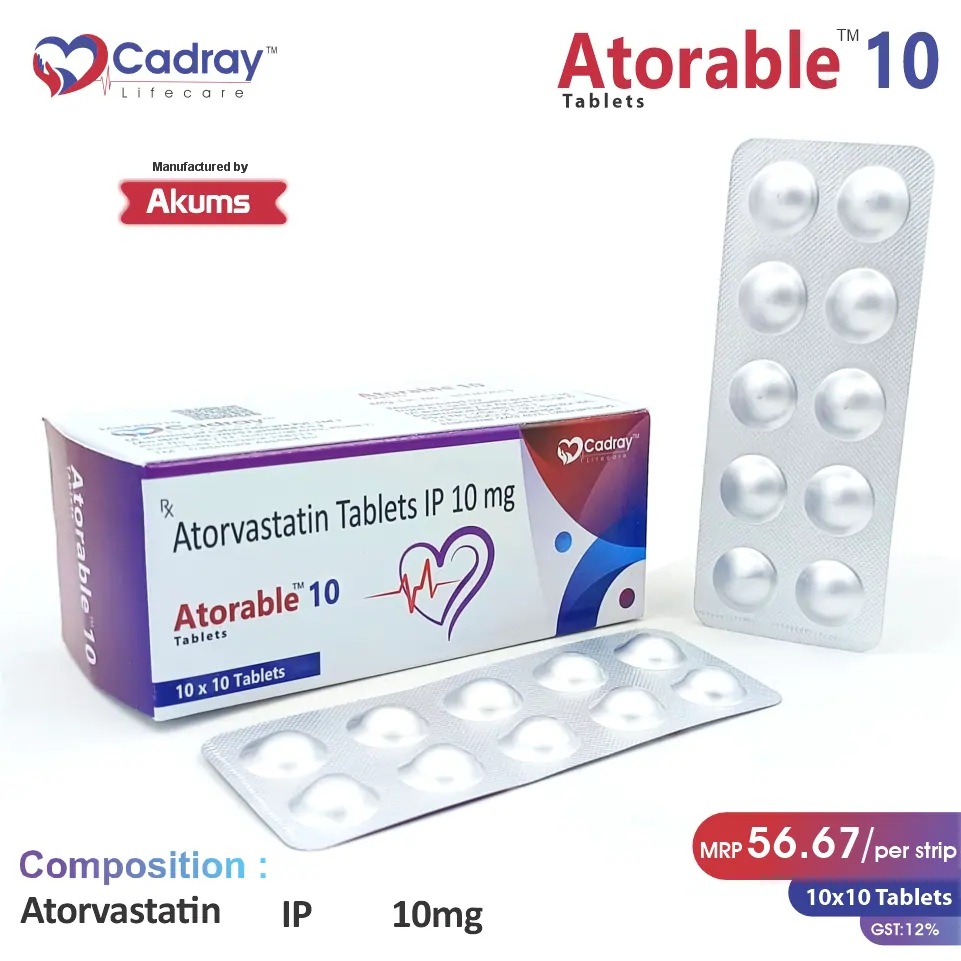 Atorable 10 Tablet Atorvastatin 10mg manufactured for Cafoli Lifecare Cadray cardiac division